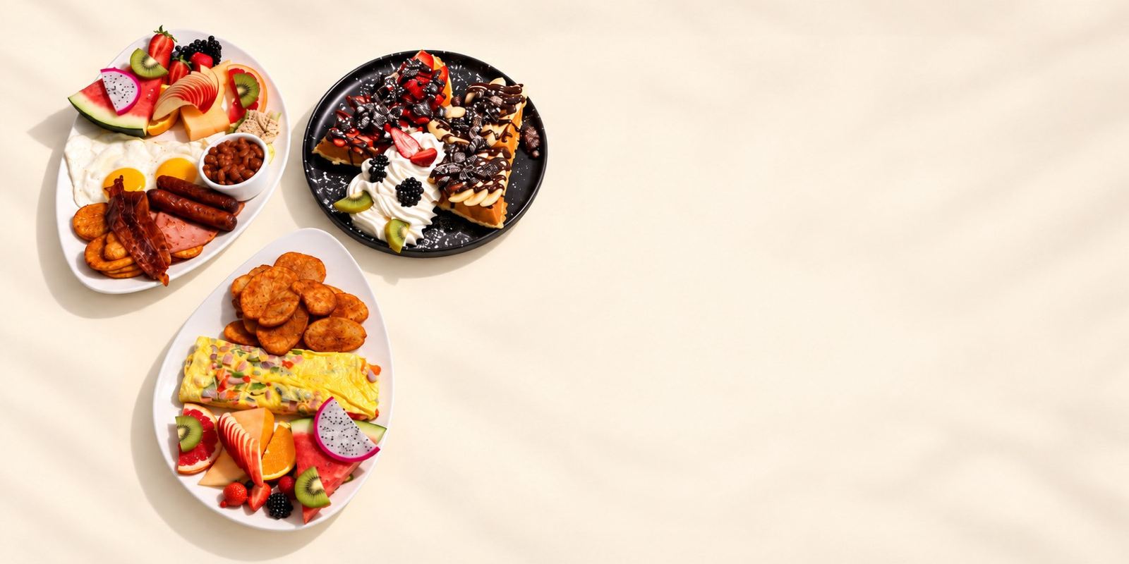 Assiette d’œufs et saucisses, gaufre Oreo et omelette du jardin