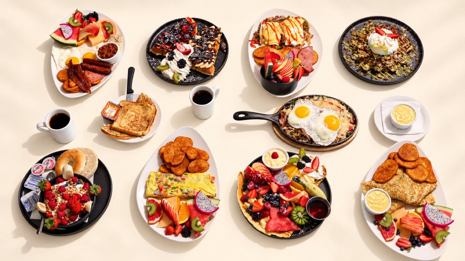 Table dressée avec dix assiettes du menu déjeuner vues de haut